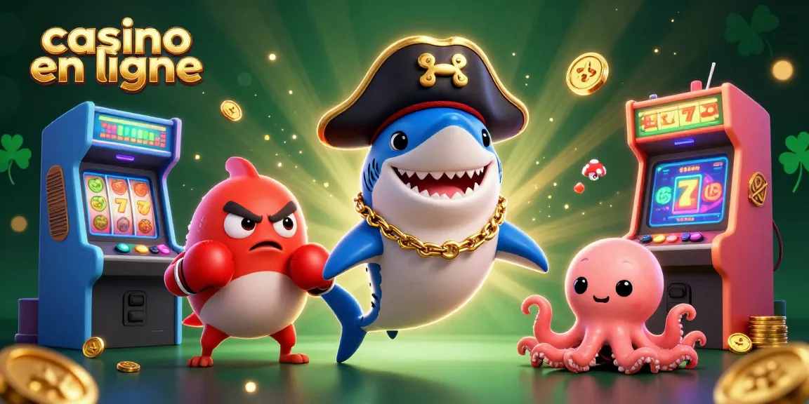 Des jeux captivants avec le casino en ligne, incluant un requin pirate et des machines à sous colorées.