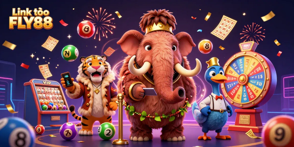 Engage in thrilling gaming action at Link vào FLY88, featuring a vibrant casino scene with iconic characters.