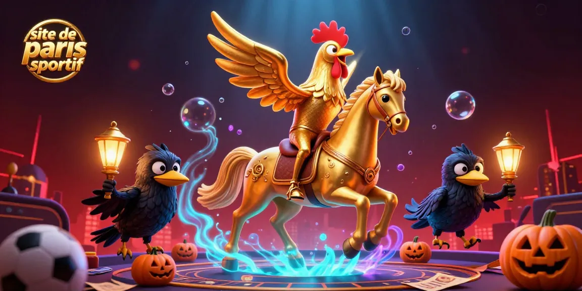 Illustration dynamique mettant en scène "site de paris sportif" avec un personnage de coq doré et des éléments de paris sportifs.