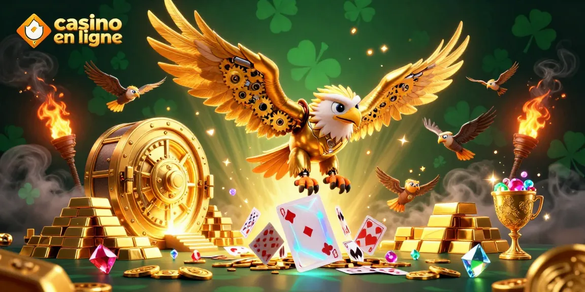 Volez avec l'aigle cybernétique à travers des cartes holographiques dans un casino en ligne fascinant.