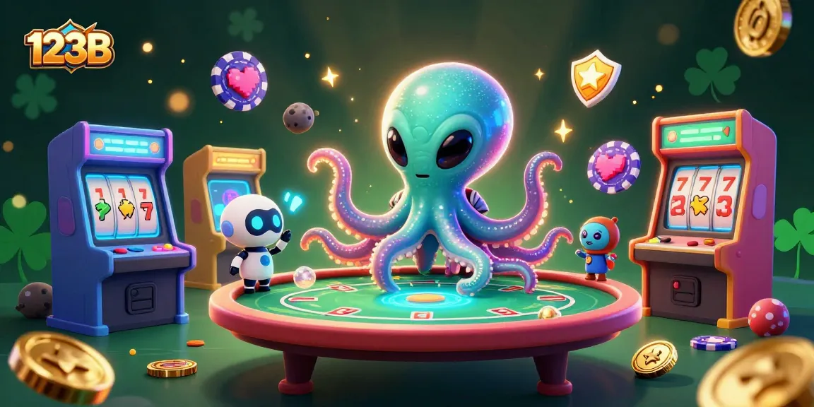 Experience thrilling gaming at 123B with a vibrant 3D scene featuring an alien octopus at a poker table.