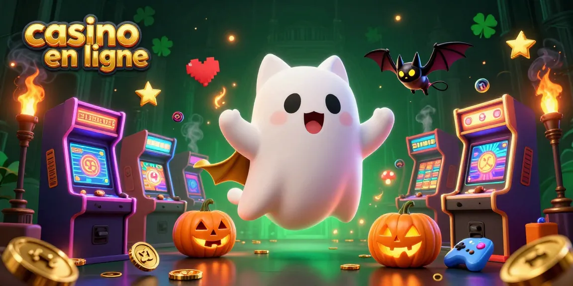 Jouer dans un casino en ligne avec un chat fantôme amical et une chauve-souris vampire dans une scène animée.