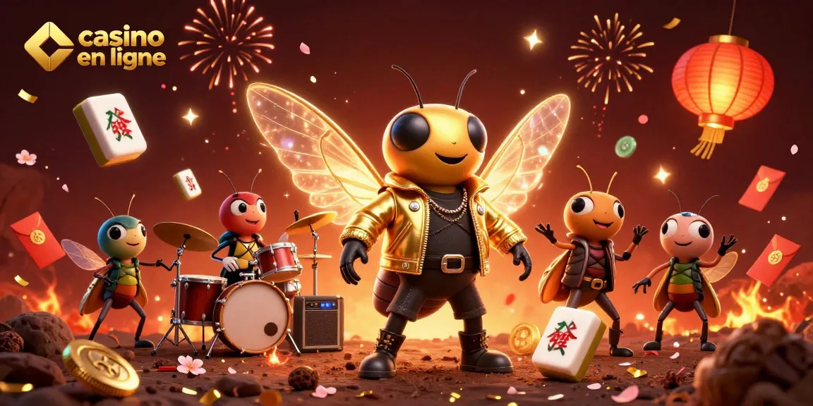 Célébrez avec un casino en ligne à travers une scène dynamique de rockstars insectes et des éléments de jeux.