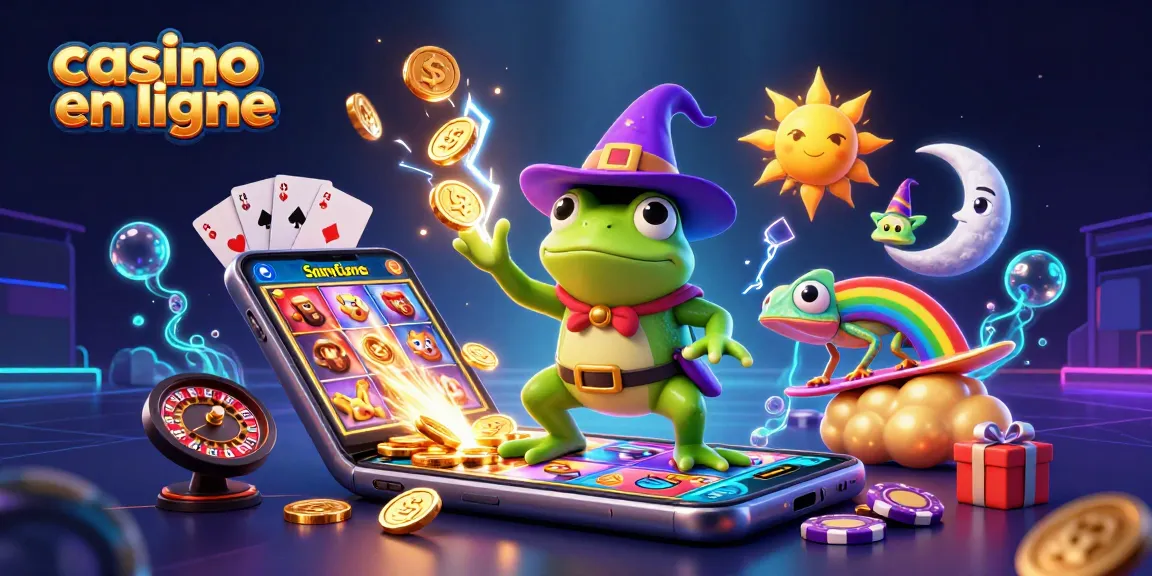 Jouez au casino en ligne avec une illustration dynamique de magie et de gains dorés.