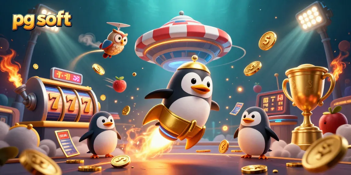 Experience the excitement of pg soft slots with the golden penguin soaring through casino-themed space.