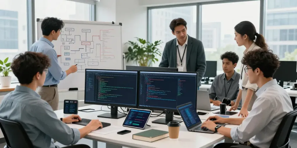 Team collaborating on Enterprise AI models in a modern tech office.