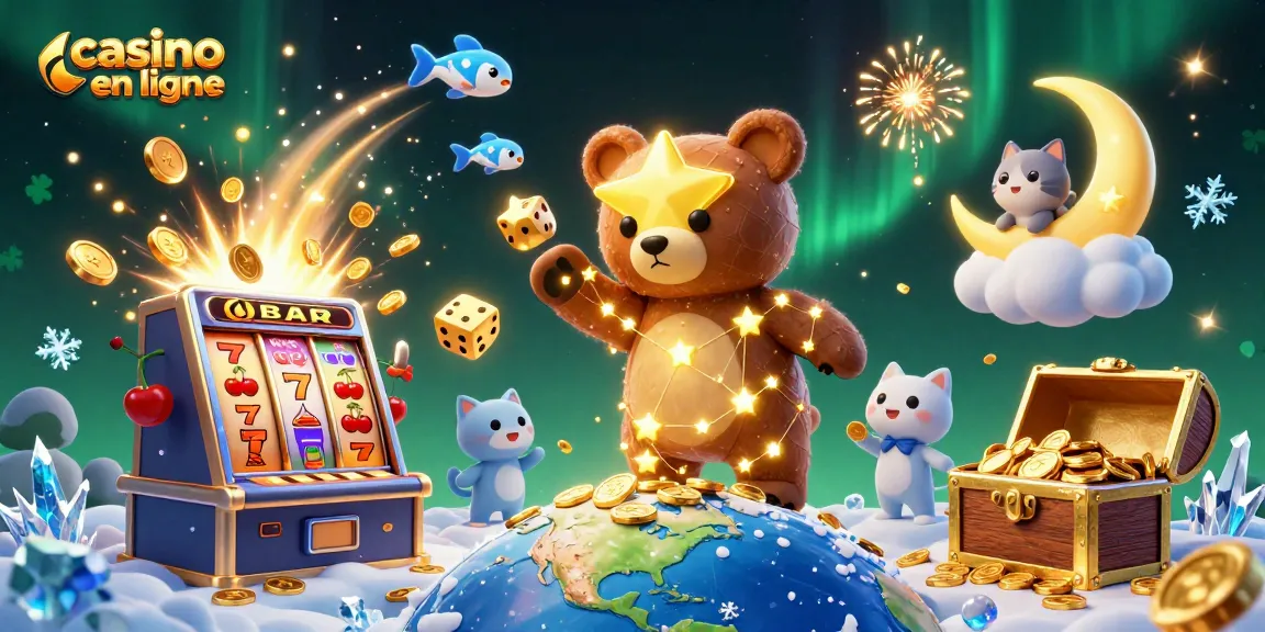 Découvrez l'univers captivant du casino en ligne avec une illustration dynamique pleine de jeux et de gains.