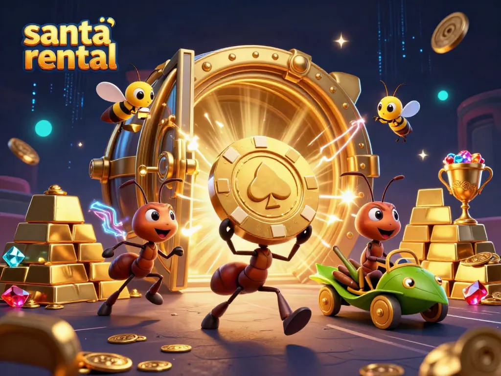 Exciting scene of a team of cartoon ants in a dynamic heist, featuring a golden poker chip and vibrant gambling elements.