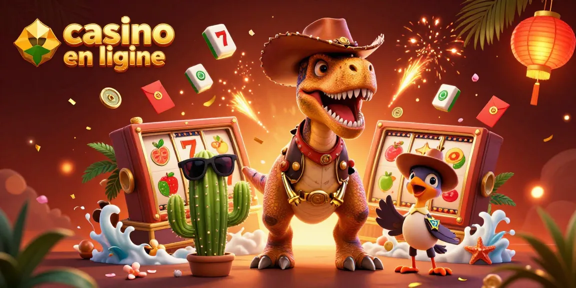 Visitez un casino en ligne animé avec un dinosaure cowboy, des éléments de jeu et une ambiance festive.