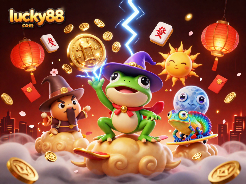 Experience the excitement of lucky88 com with a vibrant 3D illustration showcasing dynamic casino elements and characters.