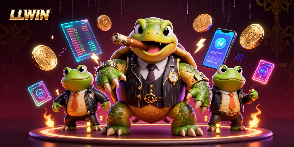 LLWIN presents a vibrant 3D scene of a mobster turtle and bullfrog enforcers amidst crypto and casino elements.