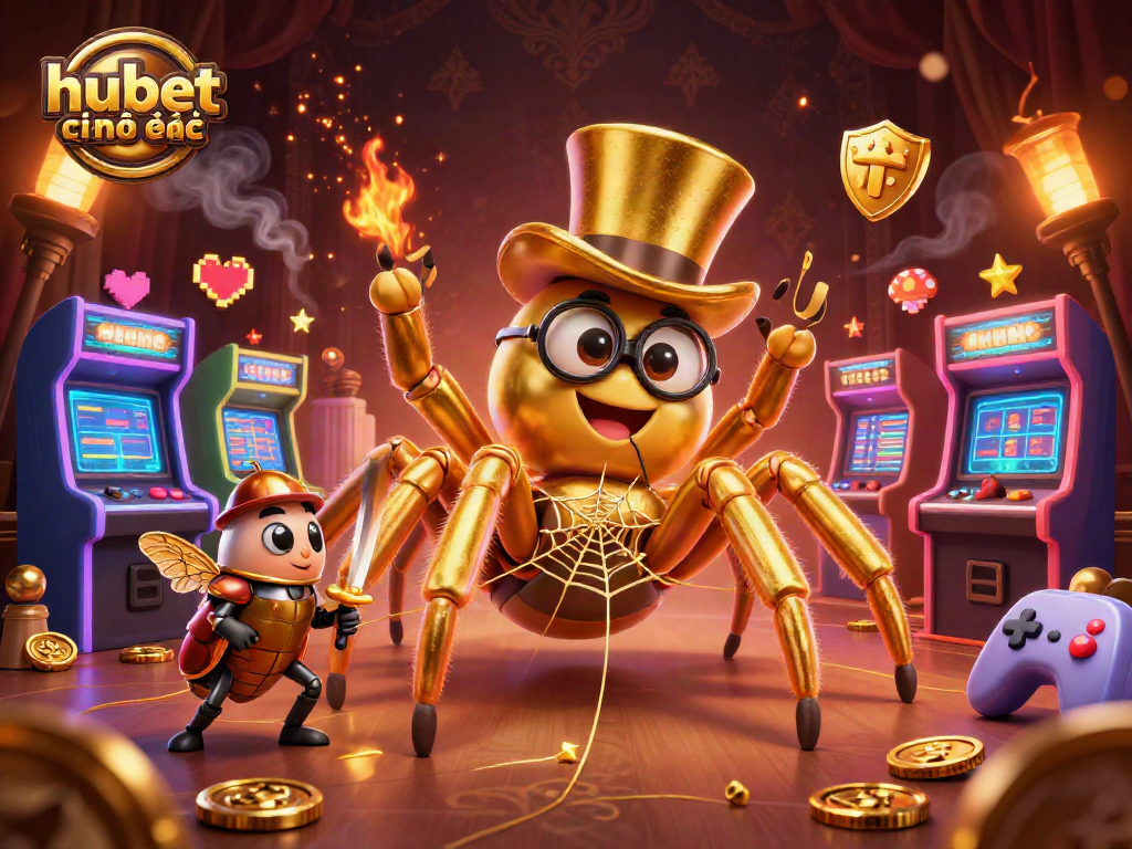 Engage with hubet chính thức through exciting casino gameplay illustrated by colorful characters and arcade aesthetics.