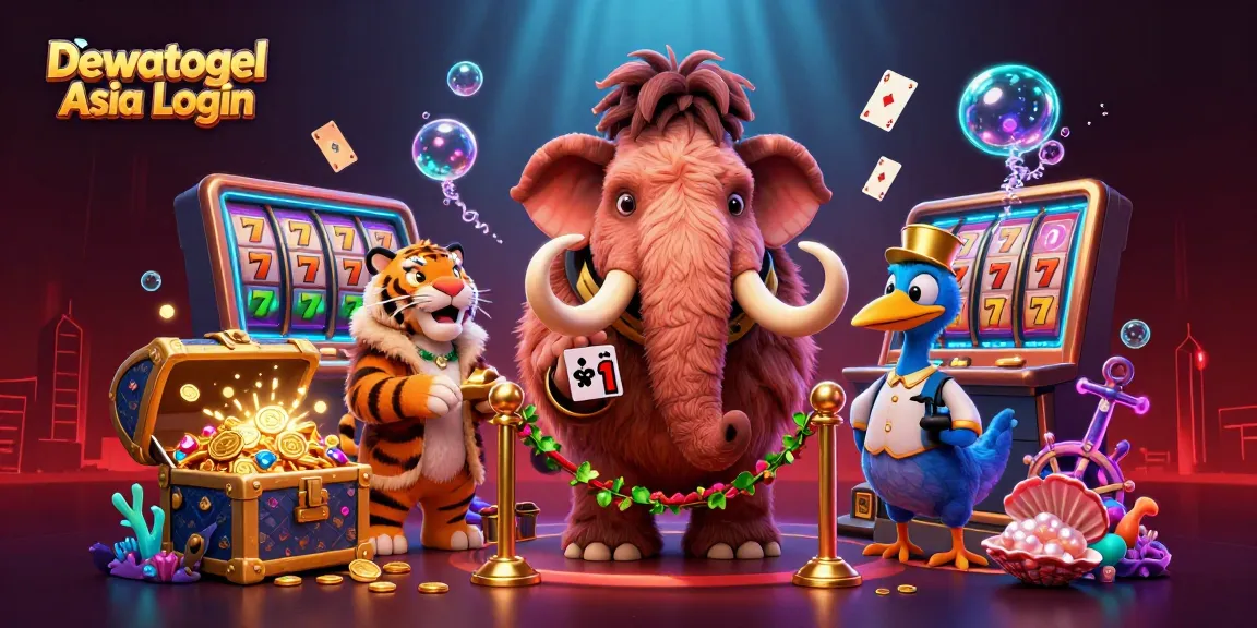 Dewatogel Asia Login showcases a vibrant casino scene with cartoon characters amid dynamic gaming elements.