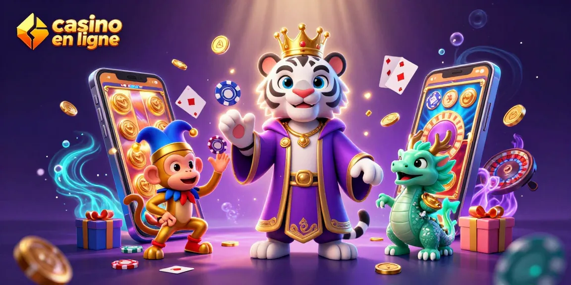 Plongez dans l'univers du casino en ligne avec un tigre royal et un singe jongleur, entouré d'éléments de jeu captivants.