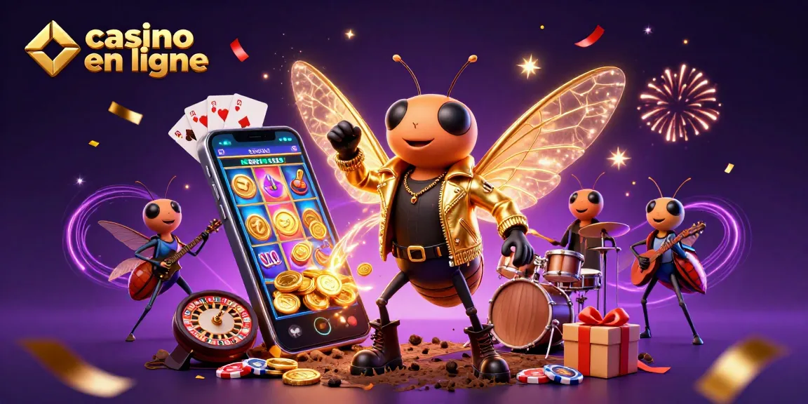 Le cicada rock star dans une scène de casino en ligne vibrant, entouré de joyaux du jeu et de célébrations.