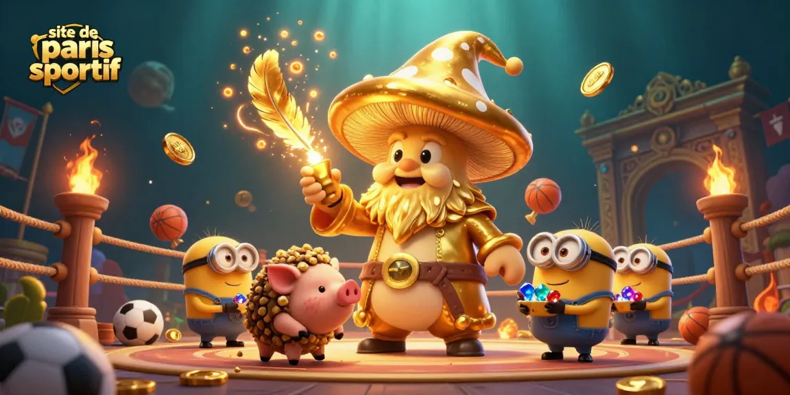 Illustration représentant un site de paris sportif dynamique avec un sorcier champignon, un cochon truffier et des minions, entourés d'éléments de paris sportifs.