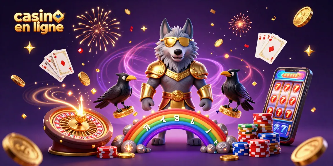 Casino en ligne avec un loup Odin et des corbeaux au milieu de jetons de casino, ambiance festive.