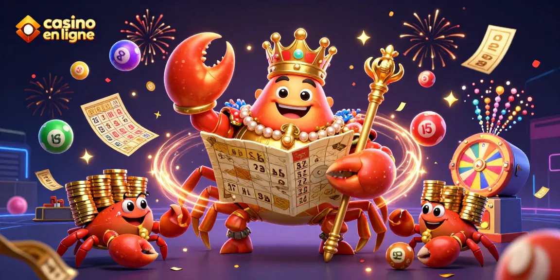 Gagnez avec le casino en ligne grâce à une illustration d'un crabe d'or entouré de jeux de loterie.