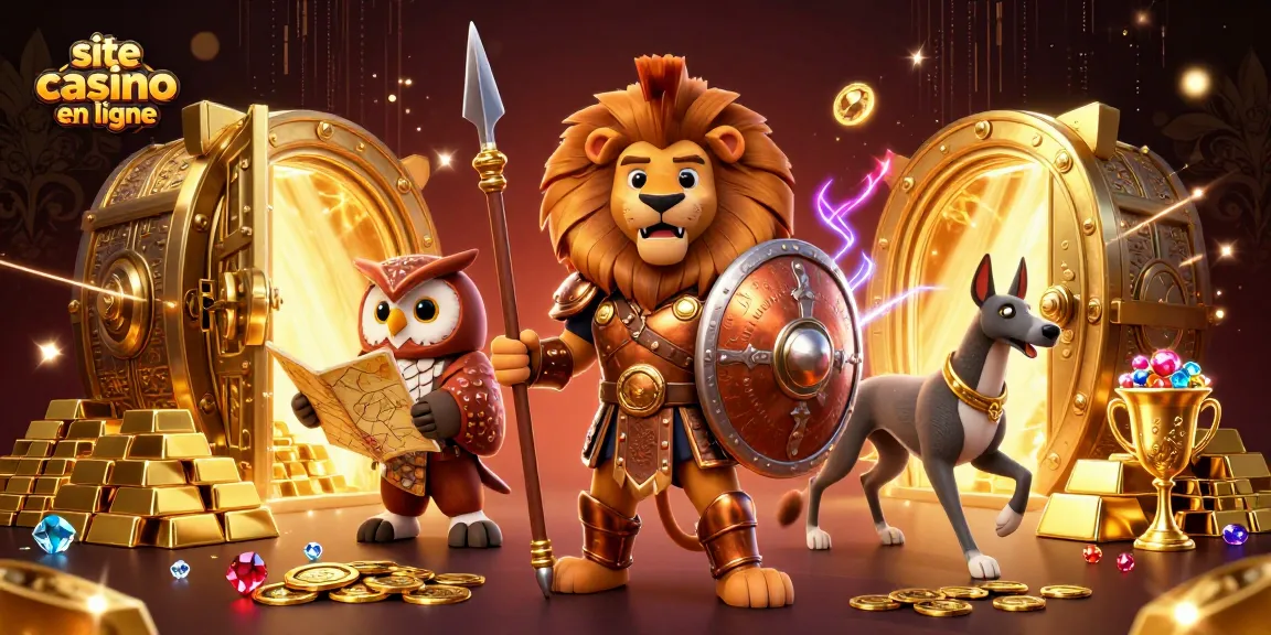 Jouer sur un site casino en ligne avec un lion SPARTAN, une chouette et un lévrier, entourés de trésors.