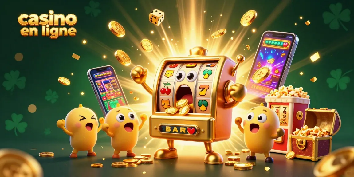 Illustration dynamique de casino en ligne avec une machine à sous dorée, des pièces et des symboles de jackpot.