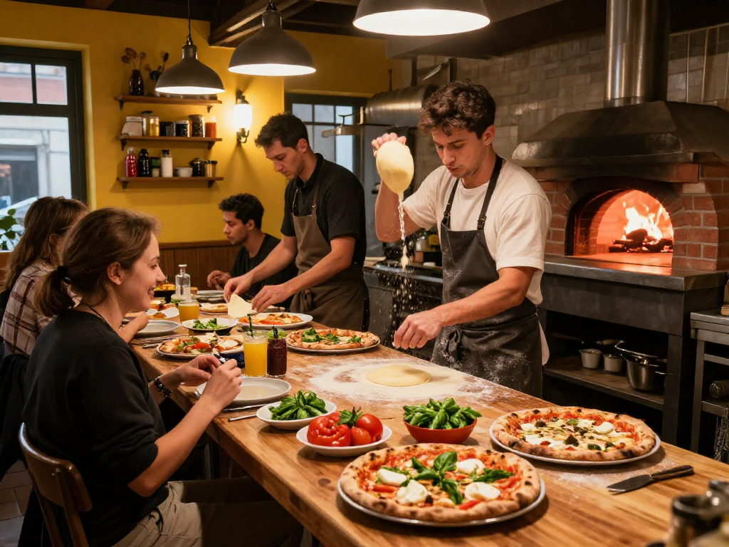 Artisan chef skillfully tossing pizza dough in a cozy kitchen, highlighting the slot of fresh ingredients.