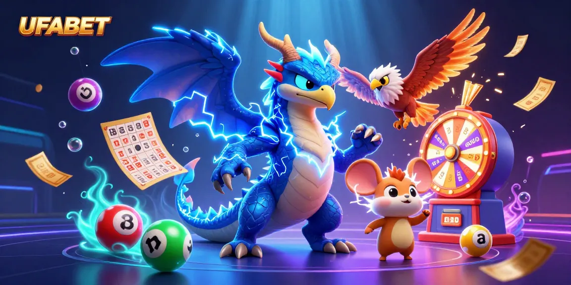 Engage with thrilling UFABET gaming adventures featuring a lively dragon and hawk among dynamic lottery elements.