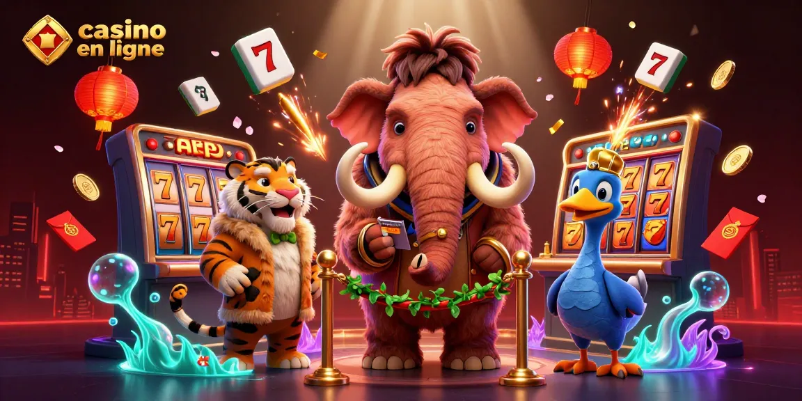 Casino en ligne avec un mammouth gardien vérifiant les pièces d'identité des invités, ambiance vibrante, jeux à chaque coin