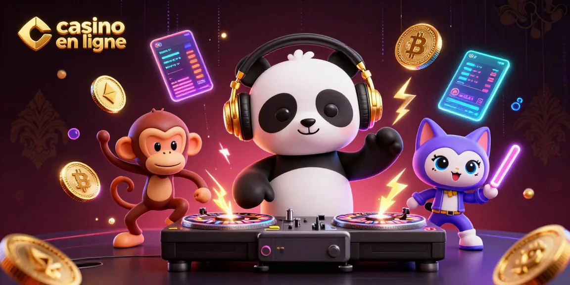 Rejoignez la fête au casino en ligne avec un panda DJ, un singe danseur et un chat en rave, entourés de crypto-monnaies.