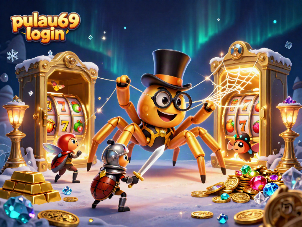 Experience the excitement of pulau69 login with a vibrant casino scene featuring a golden tarantula and beetle knight.