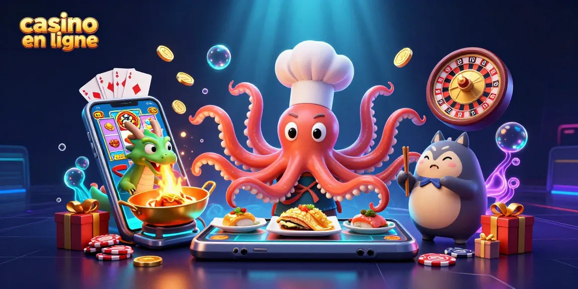 Jouez à casino en ligne avec un chef octopus et un dragon, ambiance dynamique et festive.