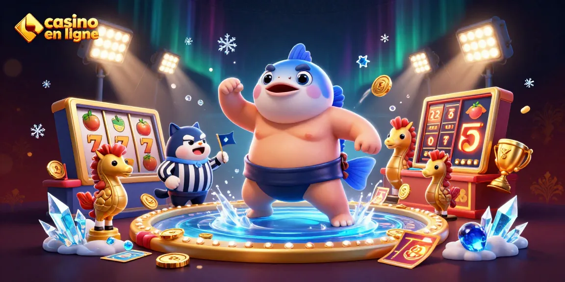 Signalisez vos victoires au casino en ligne avec un fugu sumo au milieu d'une scène vibrante.