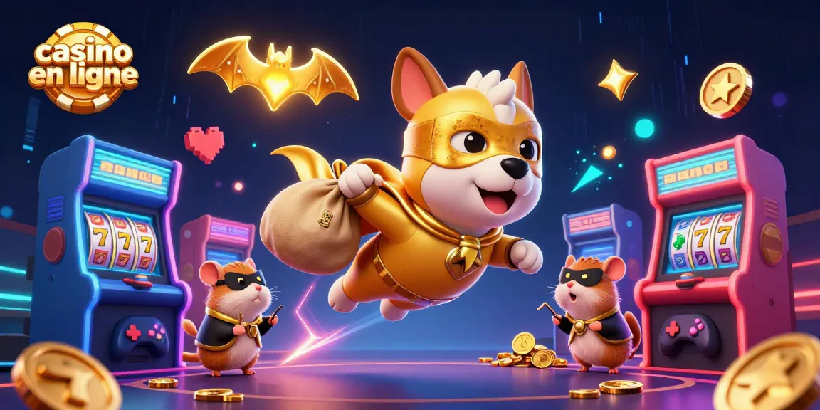 Une illustration 3D d'un chien super-héros en vol avec un hamster, symbolisant le casino en ligne.