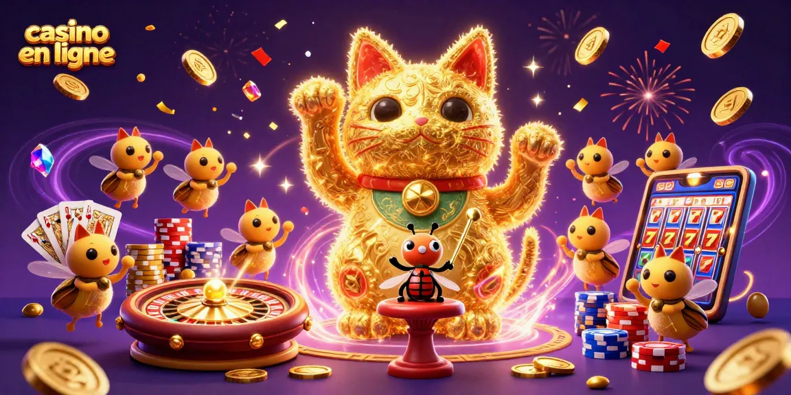 Gagnez sur casino en ligne avec un chat porte-bonheur accompagné de feux d'artifice.