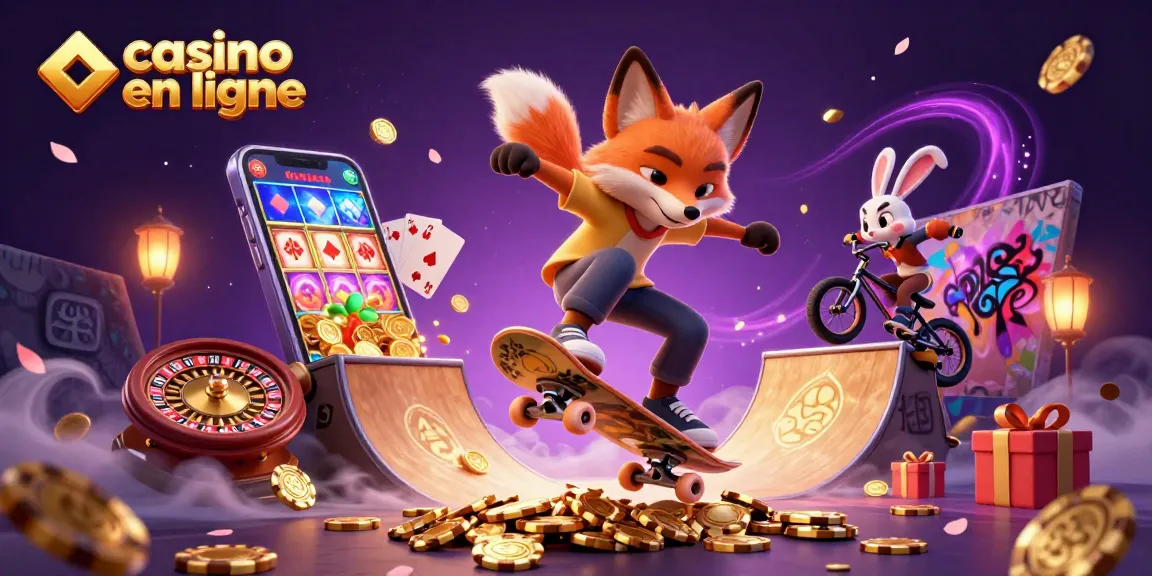 Illustration dynamique de renard et lapin dans un univers de casino en ligne vibrant avec des machines à sous et des jetons.