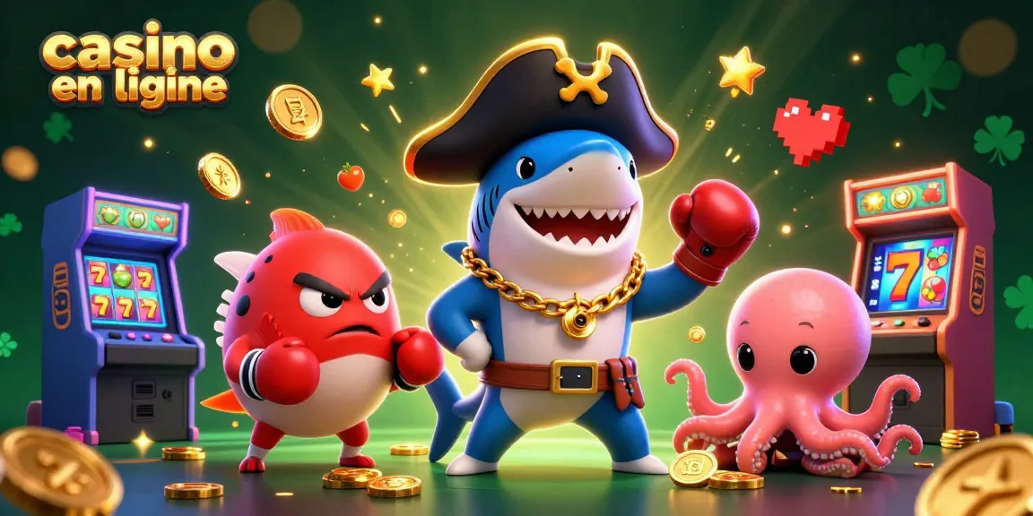 Jouez au casino en ligne avec des machines à sous colorées et un requin pirate.