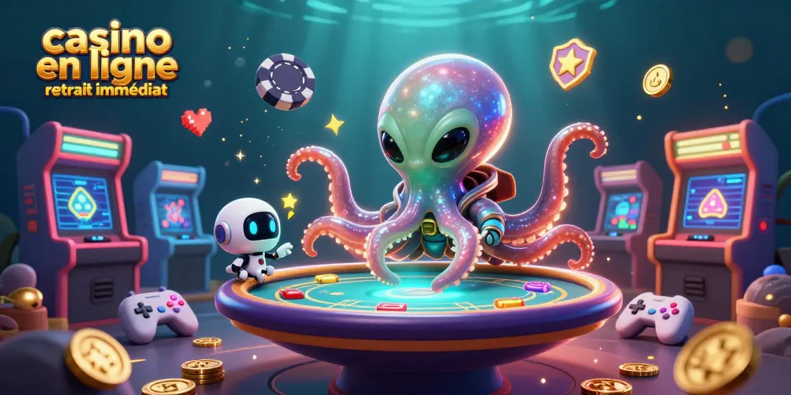 Illustrez un jeu au casino en ligne retrait immédiat avec un octopus et des jetons orbitants.