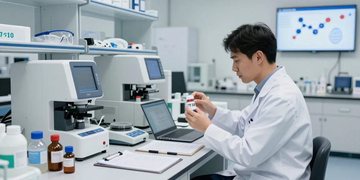 Scientist analyzing b7-33 for sale in a modern research lab with high-tech equipment and detailed notes.