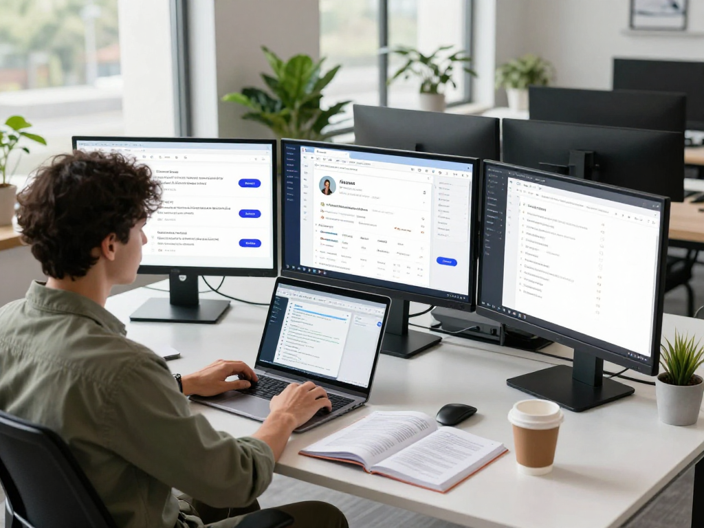 Managing multiple antidetect browser profiles in a tech workspace with dual monitors and e-commerce dashboards.