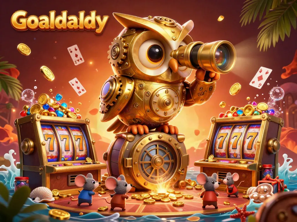 Experience the thrill of Goaldaddy with a clockwork owl overlooking vibrant casino elements.