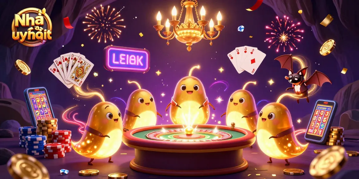 Engage with Nhà cái uy tín through a vibrant 3D casino scene filled with golden coins and glowing characters.