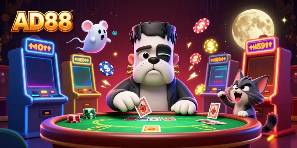 Engage with AD88's lively gaming scene featuring unique characters at a poker table.
