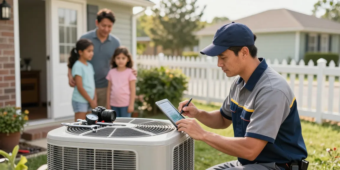 HVAC SEO company in action with technician servicing an air conditioning unit, showcasing community engagement.