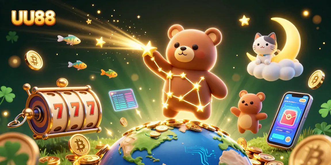 UU88 captures a 3D cartoon constellation bear scooping coins with vibrant casino elements.