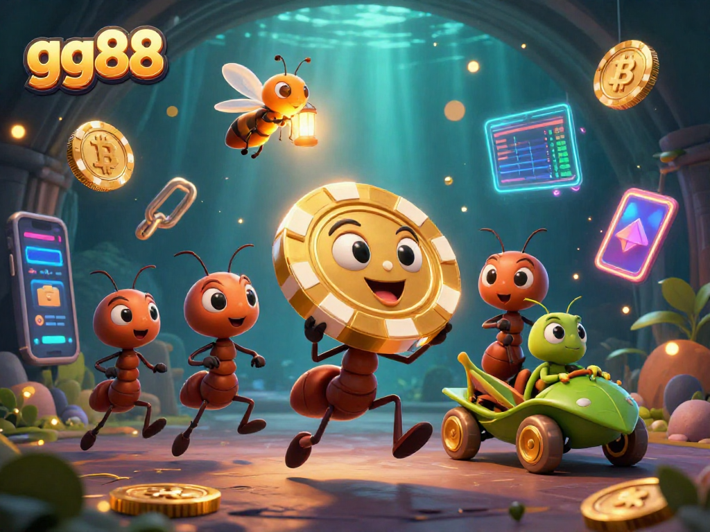 Watch gg88's animated ants carry a giant poker chip while dynamic crypto elements surround them.