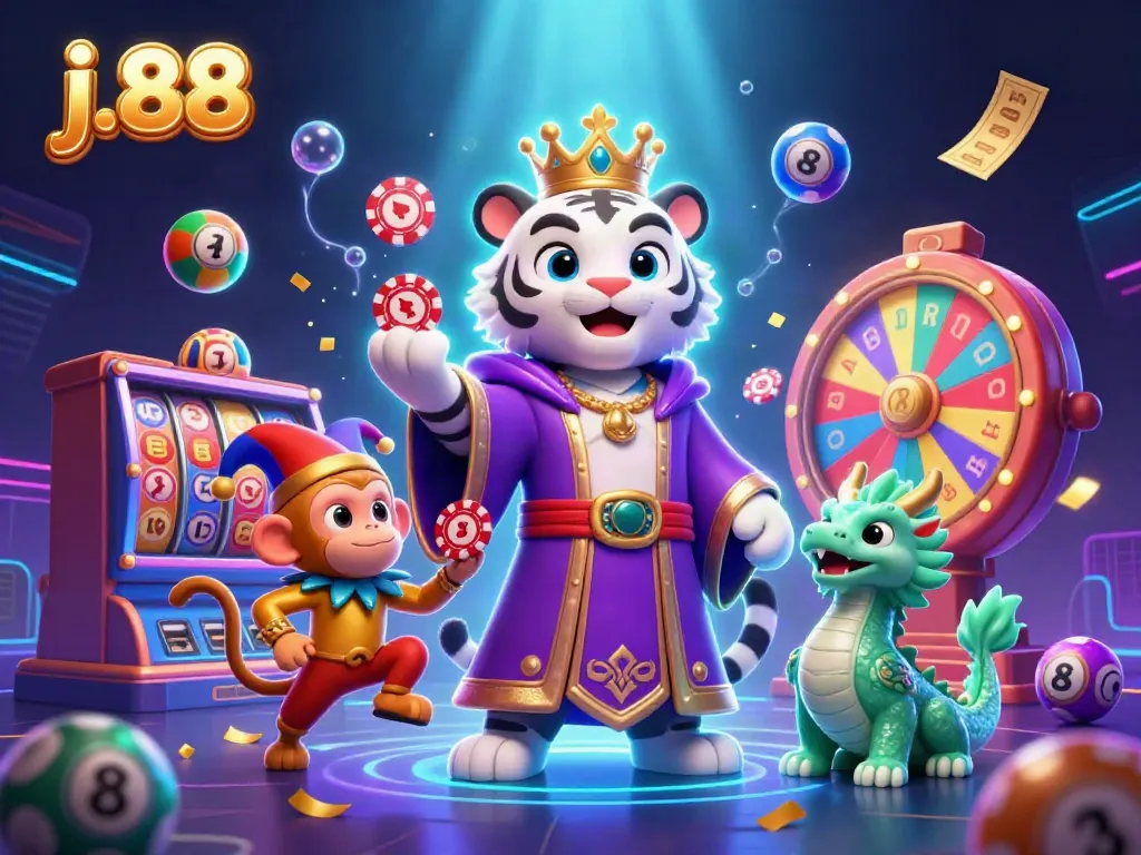 Experience j.88 with vibrant casino elements and playful characters in a stunning 3D illustration.