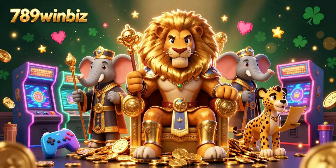 Experience the vibrant world of 789winbiz with a king, elephant, and cheetah in a dazzling casino.