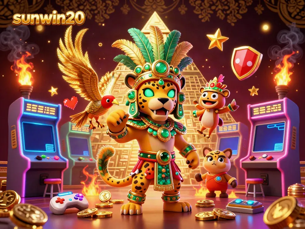 Engage in the vibrant gaming world of sunwin20 with a mystical Mayan jaguar priest and quetzal bird, embodying excitement.