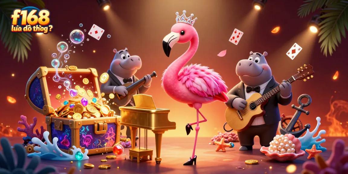 Experience the vibrant scene with flamingo and hippo, highlighting f168 lừa đảo không ? at a colorful casino setting.