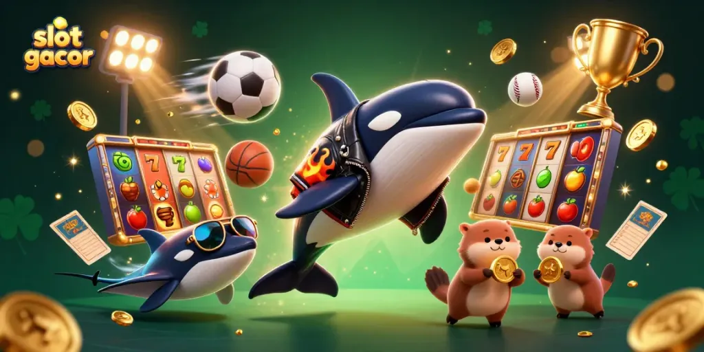 Experience slot gacor adventures with a dynamic cartoon scene featuring an orca, stingray, and sea otters.
