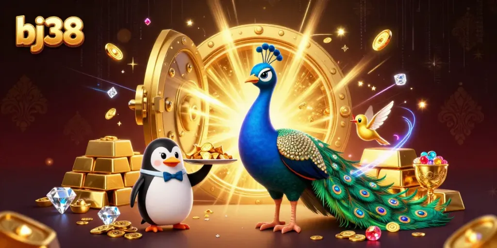 Engage in thrilling gameplay with bj38 as a peacock, penguin, and hummingbird celebrate golden chips and treasures.